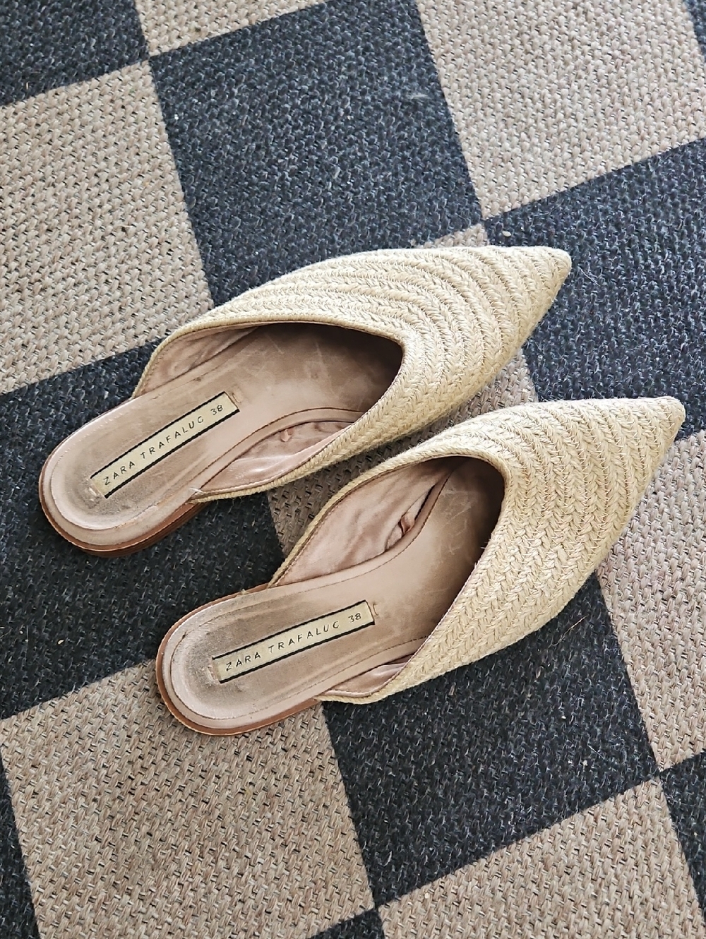 Zara Natural Woven Pointed-Toe Slip-On Mules - Beige